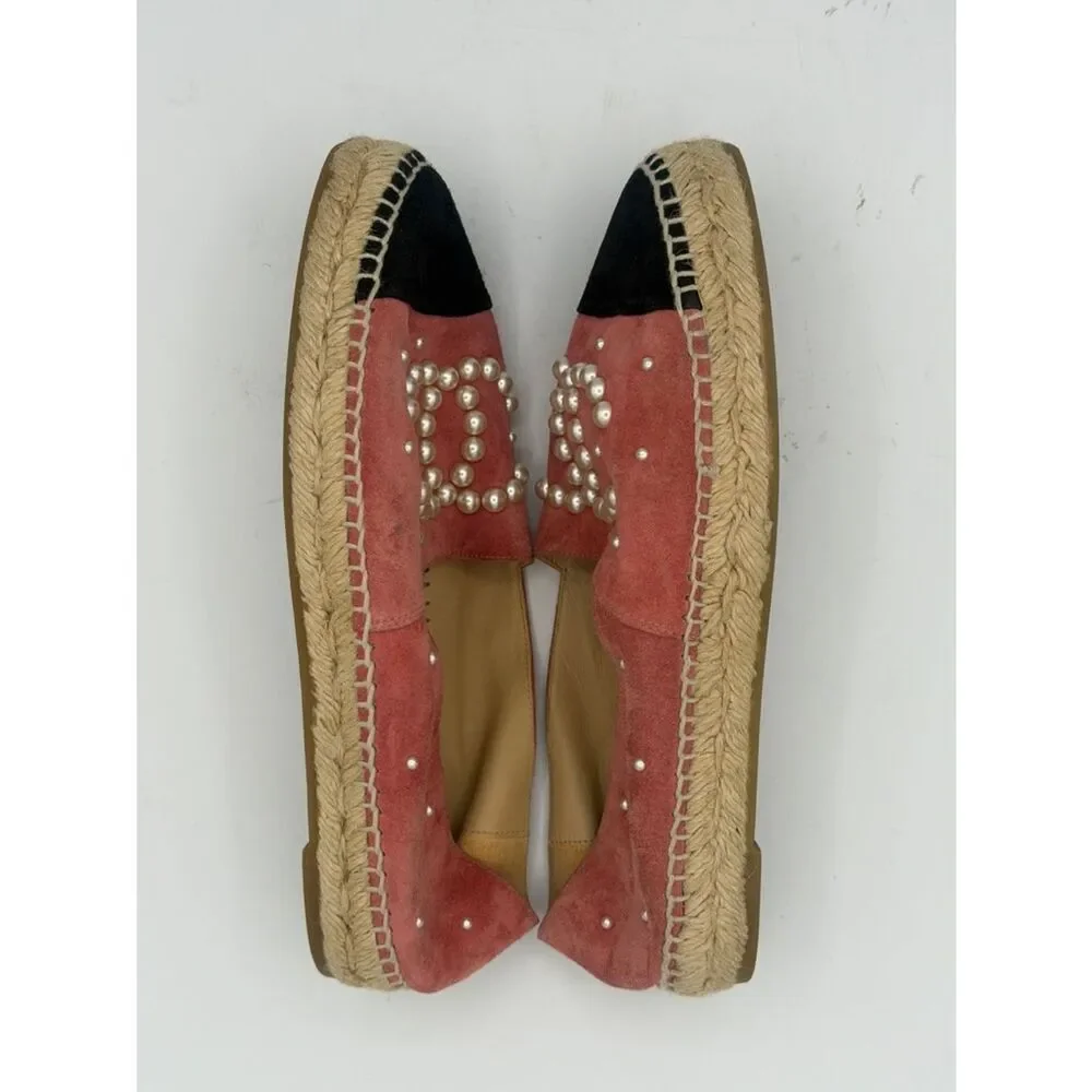 New CHANEL Rose/Black Suede Pearl Logo Espadrilles Size 38/ US 8